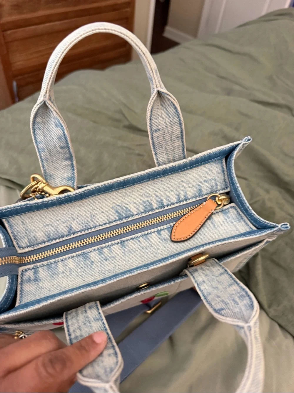 Coach Denim Cargo Bag 26 with Cherry Embroidery